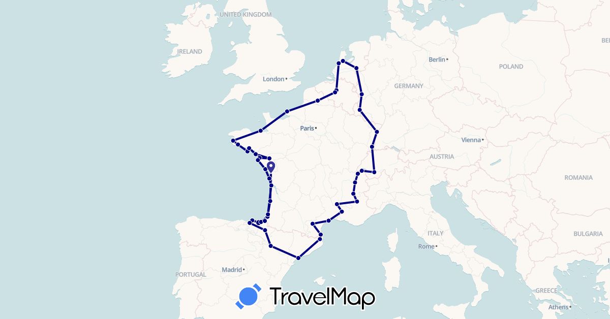 TravelMap itinerary: driving in Belgium, Switzerland, Germany, Spain, France, Luxembourg, Netherlands (Europe)